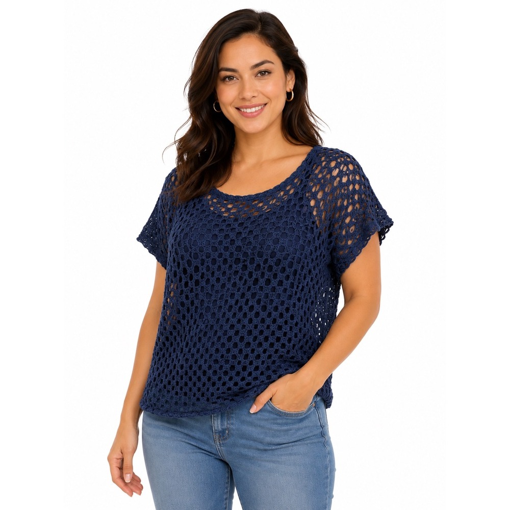 Lane Bryant Navy Blue Crochet Open Knit Short Sleeve Top 14/16 Coastal Grandma